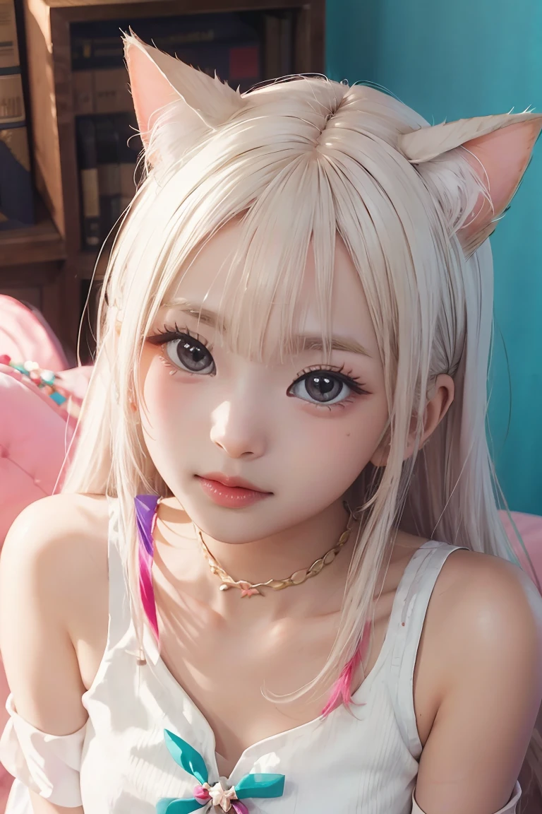 Colorful hair and colorful dress in anime ((cat-eared 1girl)),   pastel vivid, rossdraws cartoon vivid, anime style 4k, beautiful anime portrait, artgerm colorful!!!、! dream art germ, beautiful anime, cat ear 1girl, anime style digital art, anime art wallpaper 4k, anime art wallpaper 4k, digital anime art, highly detailed art germ, ,  full body, sitting in her office, white hair, front view, smirking,