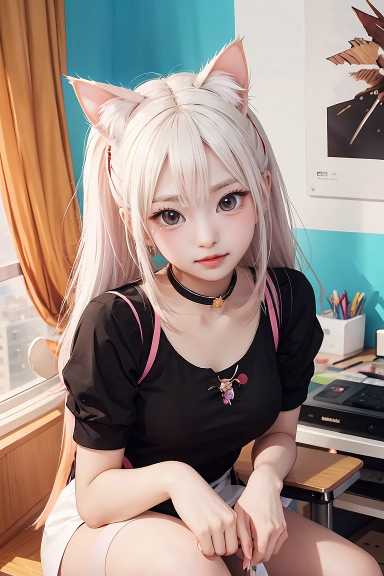 Colorful hair and colorful dress in anime ((cat-eared 1girl)),   pastel vivid, rossdraws cartoon vivid, anime style 4k, beautiful anime portrait, artgerm colorful!!!、! dream art germ, beautiful anime, cat ear 1girl, anime style digital art, anime art wallpaper 4k, anime art wallpaper 4k, digital anime art, highly detailed art germ, ,  full body, sitting in her office, white hair, front view, smirking,