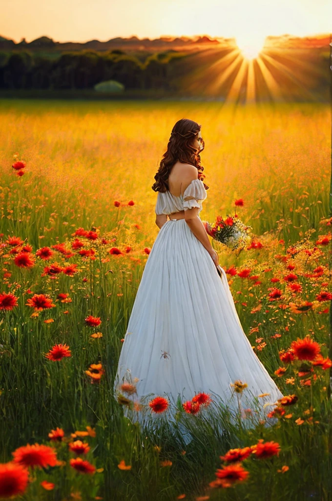 in a dress, walking in a field of flowers in the rays of the setting sun, realist style