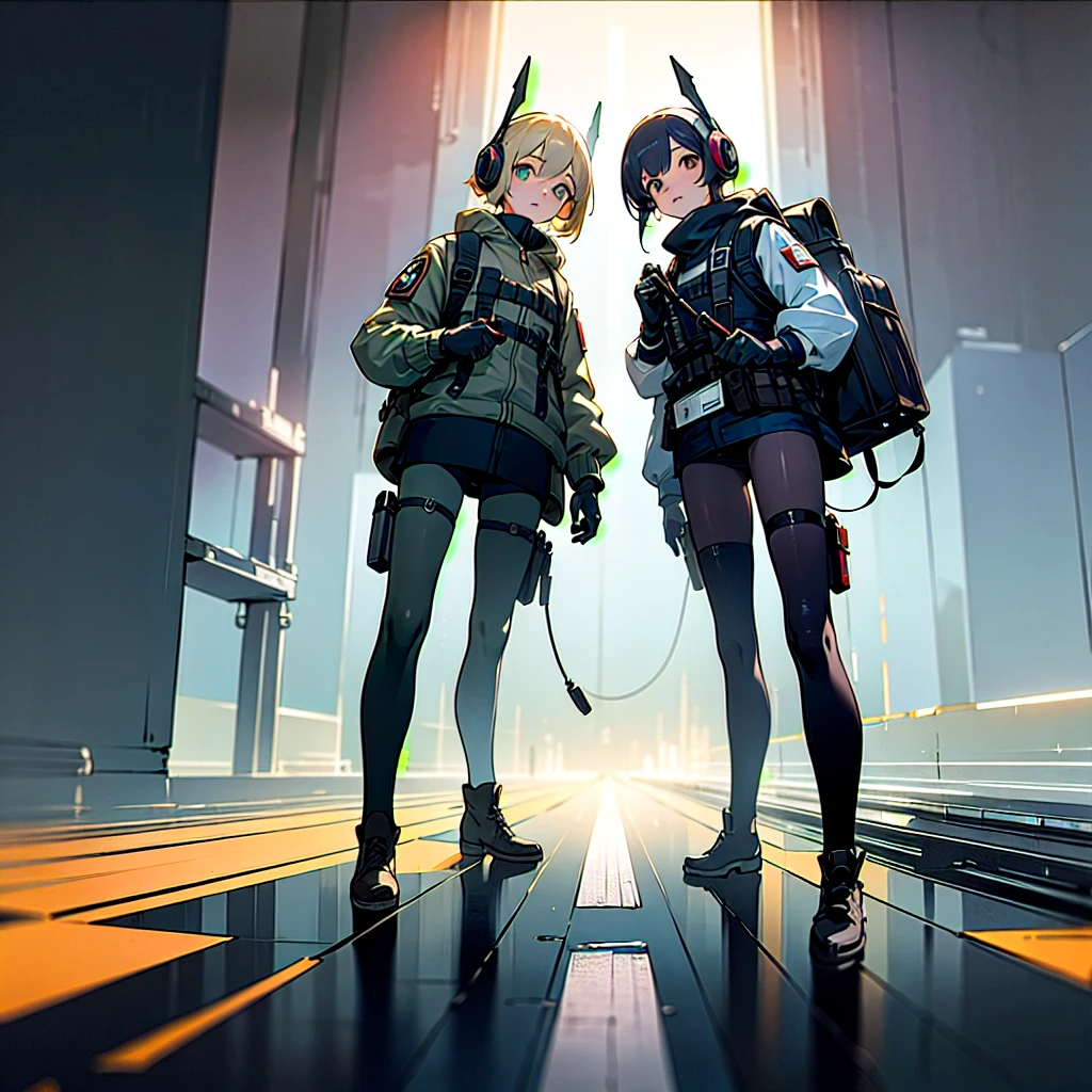 ((high quality)), ((masterpiece)), 8k, 2girls, bulletproof vest, light rays, extremely detailed CG unity 8k wallpaper, game cg, looking at viewer, gloves, boots, full body, watch, computer, mask, drone, holding weapon, headphones, jacket, bag, backpack,