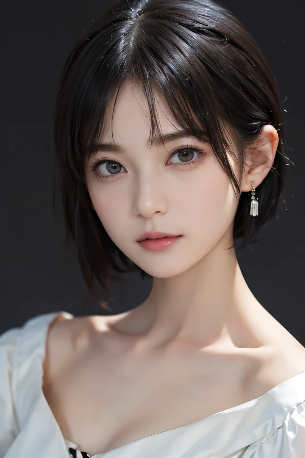 (((Black Short Hair))), (grassland), Seductive pose, 背景がgrassland、Image from chest up:1.6)、Close-up portrait of a woman wearing a white off-the-shoulder top dress and earrings, Soft portrait shot 8k, Nice delicate face, High-quality 4K portraits, High-quality portraits, Soft, perfect, pale skin, 8K Highly Detailed Face, なbeautiful繊細な顔, beautiful光の大きな目, Beautiful and realistic face, beautiful14Old woman, Beautiful and realistic face, cute14Old woman