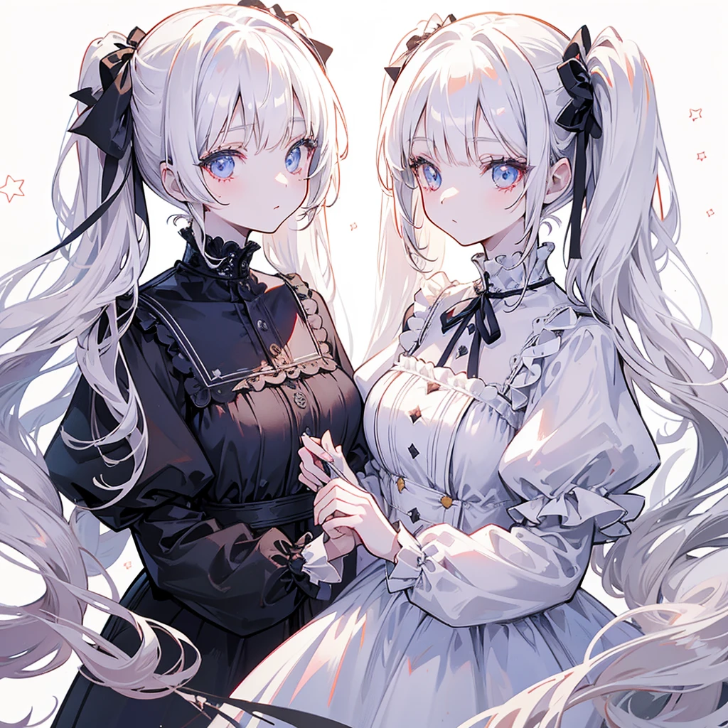 Two girls, red eyes and beige hair in twin tails, blue eyes and white hair in twin tails, wearing monochrome gothic fashion, white roses, stars, light, white background,