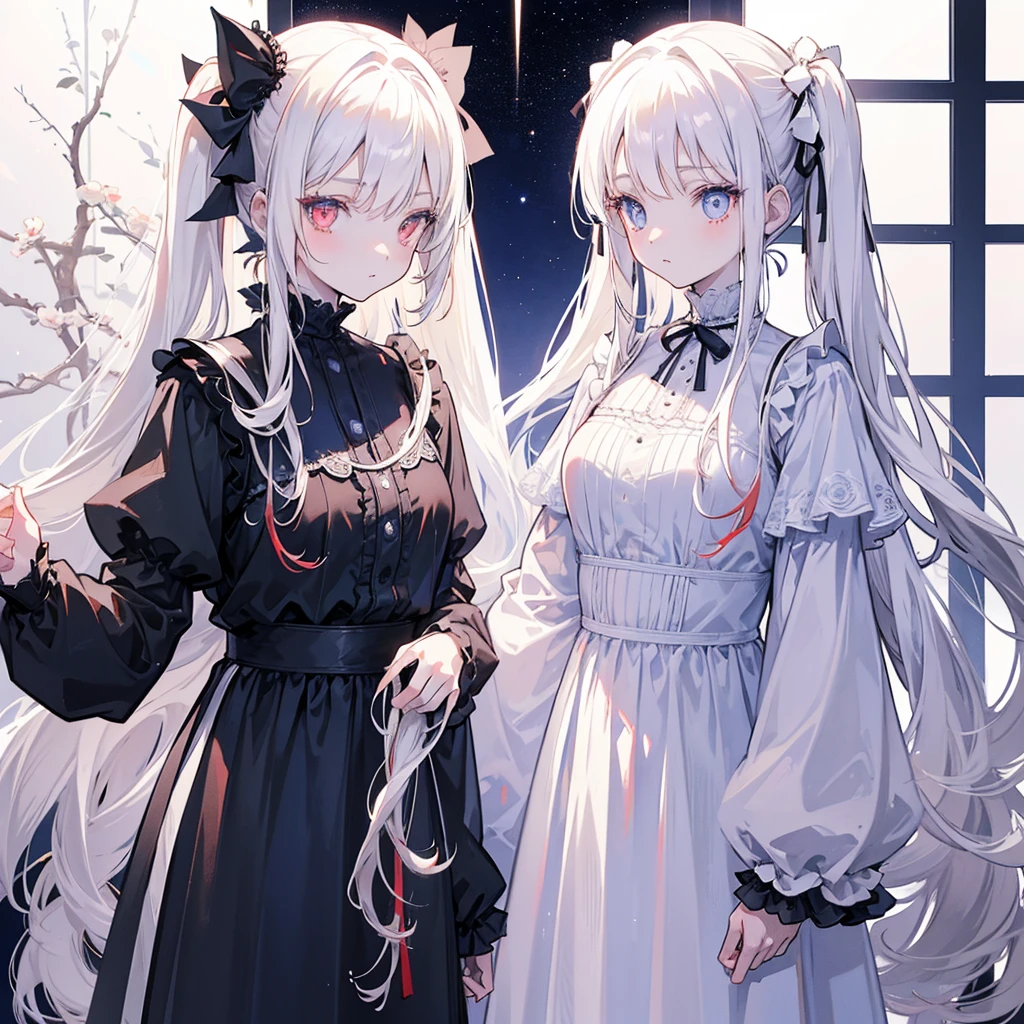 Two girls, red eyes and beige hair in twin tails, blue eyes and white hair in twin tails, wearing monochrome gothic fashion, white roses, stars, light, white background,