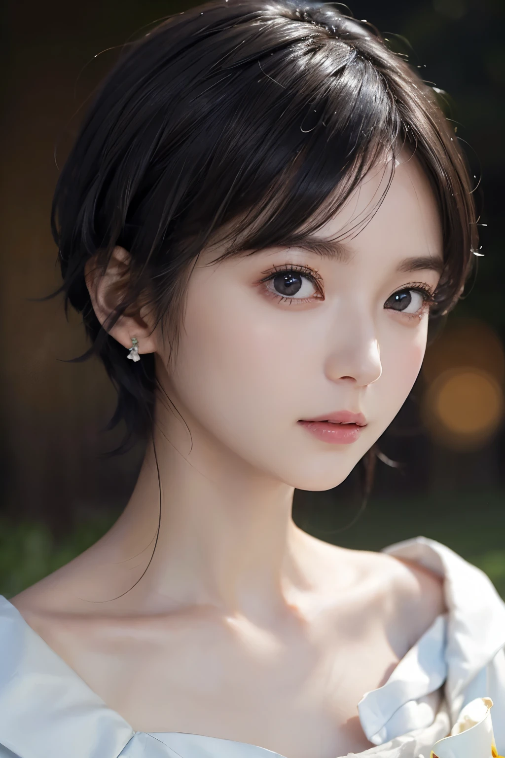 (((Black Short Hair))), (grassland), Seductive pose, 背景がgrassland、Image from chest up:1.6)、Close-up portrait of a woman wearing a white off-the-shoulder top dress and earrings, Soft portrait shot 8k, Nice delicate face, High-quality 4K portraits, High-quality portraits, Soft, perfect, pale skin, 8K Highly Detailed Face, なbeautiful繊細な顔, beautiful光の大きな目, Beautiful and realistic face, beautiful14Old woman, Beautiful and realistic face, cute14Old woman