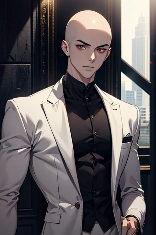 1 male, handsome boy, bald, ((Red Eyes)), (Beautiful and sharp eyes), ((muscle)), ((Shirtless)), ((Half Body.)), Half naked, Showing chest muscles, White suit, Black shirt, Dark and moody lighting
