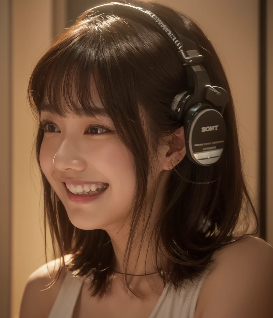 (8K, Raw photography, top-quality, masterpiece:1.2), young japanese woman, wearing head phone beige and white tight sleeveless tops, in empty off-white room with some walls, The Clipping of footage shot on home video, with a soft lighting to highlight her feature and smile, Composition with movement, with warm colors adding warmth, wide shot