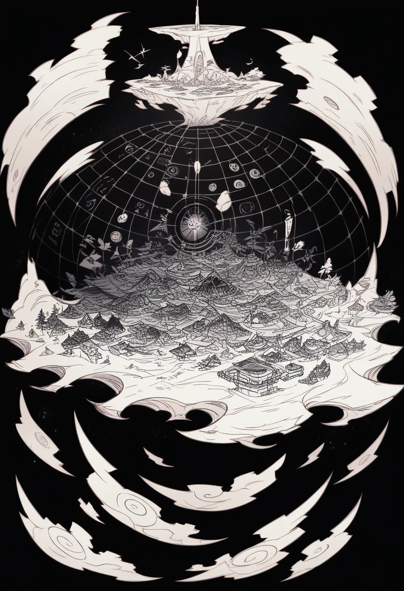 metal_tee,vector digital illustration,(black background:1.5),drawing of a minimalist tattoo,floating island,surreal,Tokyo dome