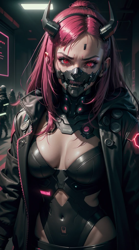 Cyberpunk, cyborg ,girl face, demon face mask, neon lights, red, 4k, hd wallpaper, extremely detailed, cybernetic eyes, cybernetic horns