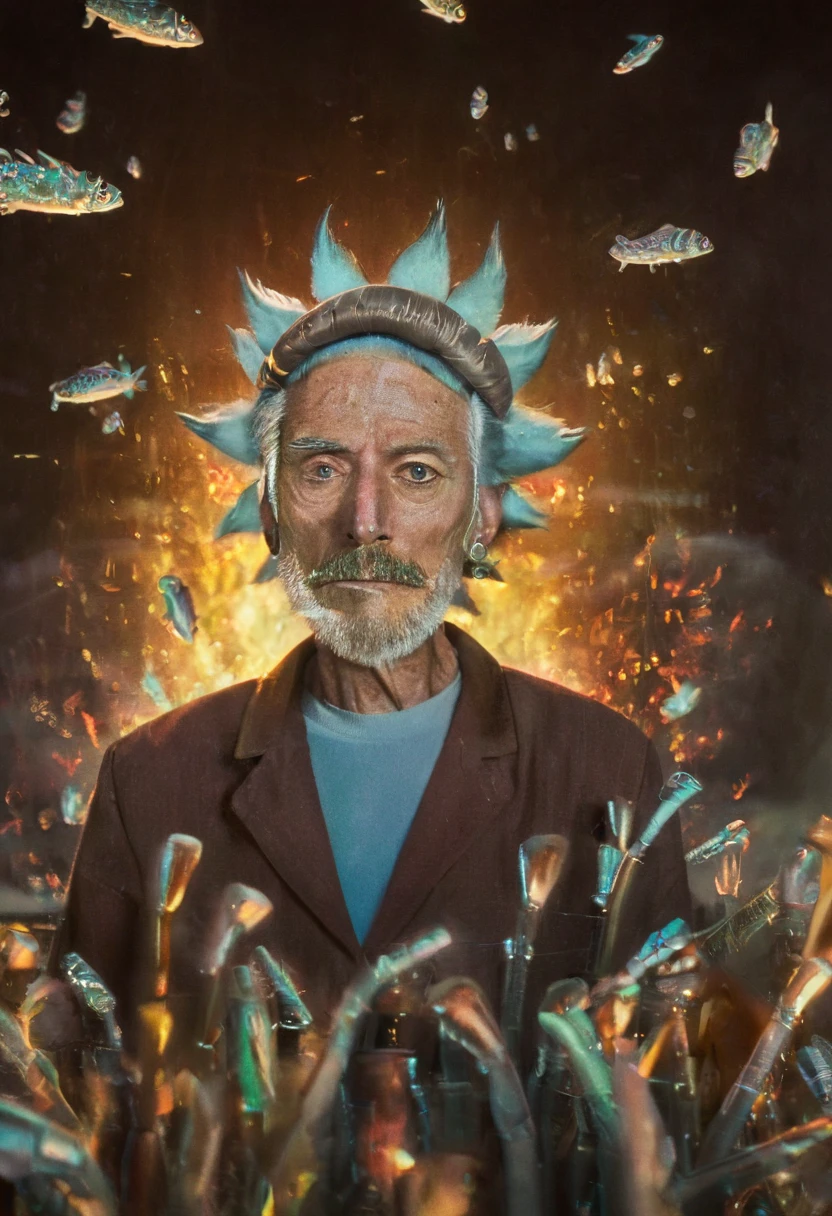 Photography in (stvmccrr style), Rick Sanchez from Rick and Morty, analog film, film grain, rich colors, kodachrome, intricate details, insanely detailed, natural lighting, 8k, hdr, masterpiece, award winning photography
