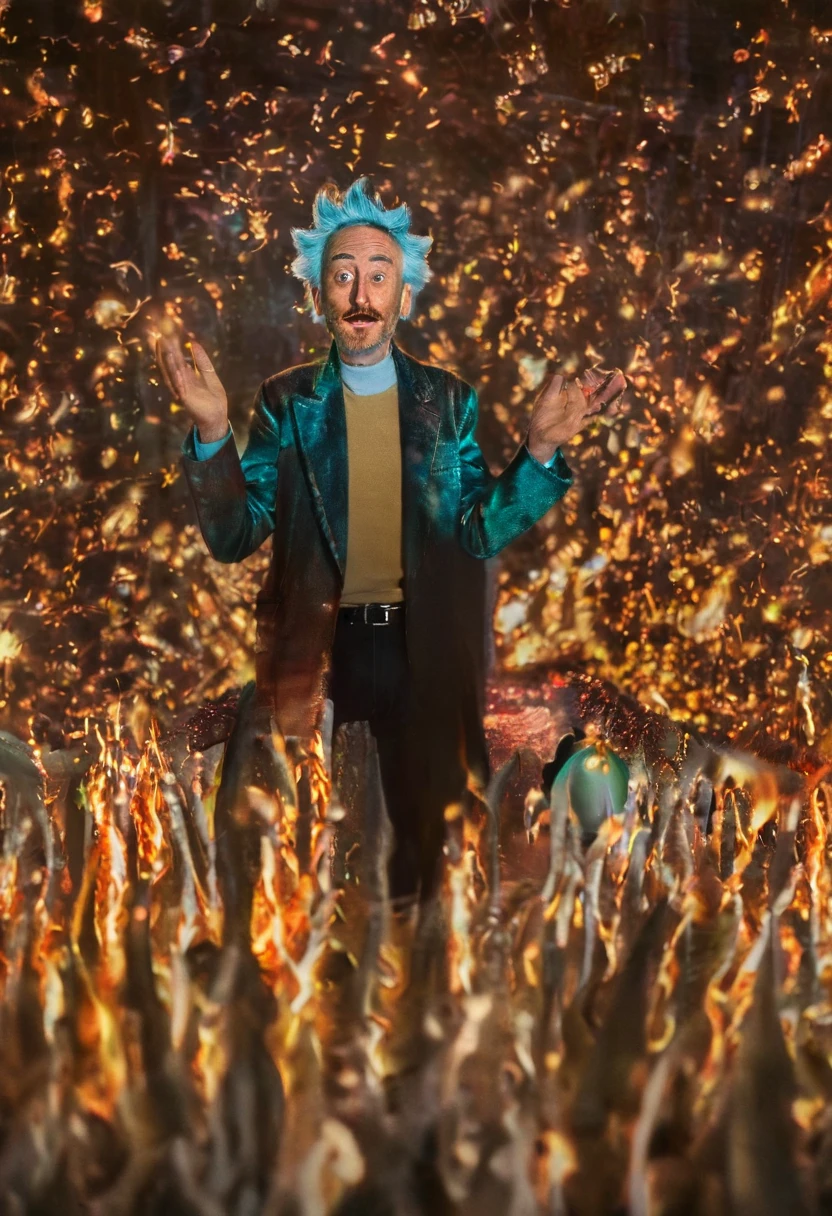 Photography in (stvmccrr style), Rick Sanchez from Rick and Morty, analog film, film grain, rich colors, kodachrome, intricate details, insanely detailed, natural lighting, 8k, hdr, masterpiece, award winning photography