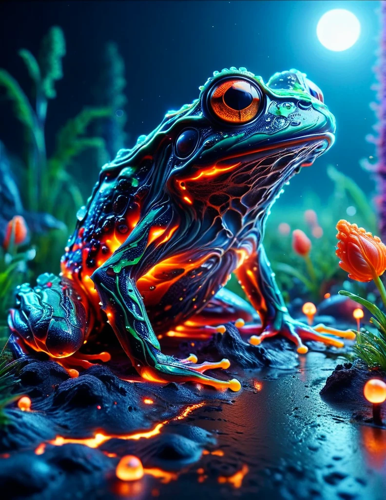 macro photo, a beautiful frog, glowing lights, beautiful magical sparkles, moon dust particulates, vibrant whimsical colors ral-lava