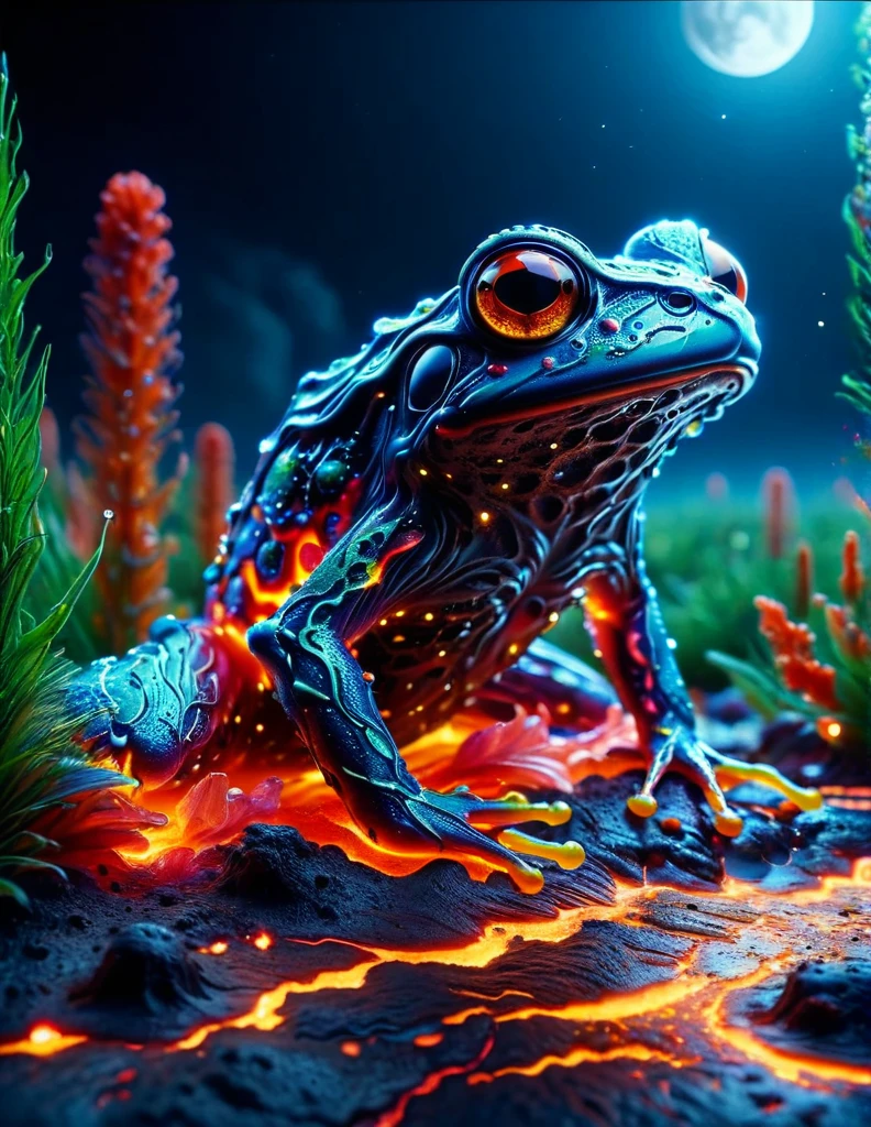 macro photo, a beautiful frog, glowing lights, beautiful magical sparkles, moon dust particulates, vibrant whimsical colors ral-lava