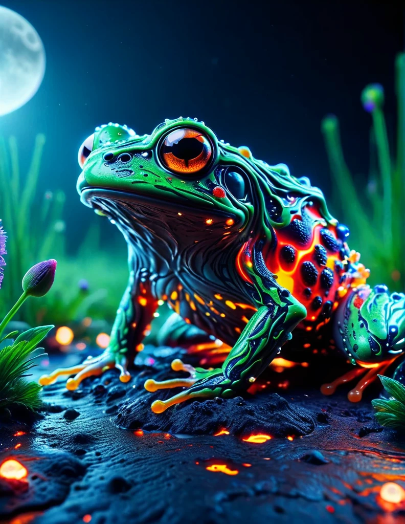 macro photo, a beautiful frog, glowing lights, beautiful magical sparkles, moon dust particulates, vibrant whimsical colors ral-lava