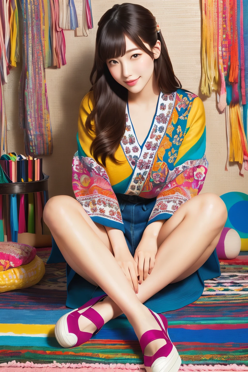 Beautiful woman sitting with shoes on colorful rug, digital illustration, colorful pictures, amazing art style, Clean and detailed art, Yanagawa Nobusada, 