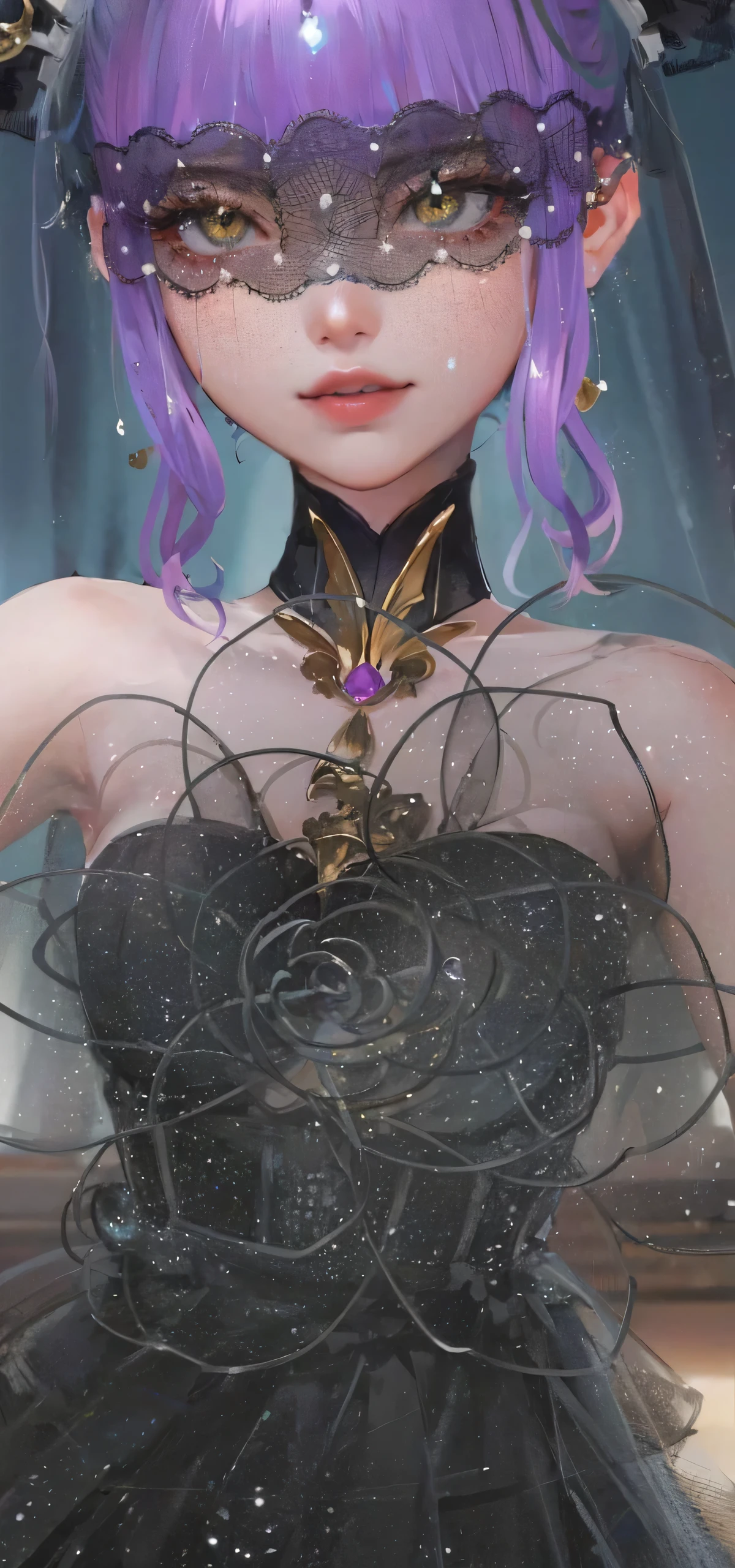 Best quality, masterpiece, pixiv, concealed golden eyes, hair violet, long hair, red dress, stairs, high quality 4k, complete fingers, covered golden eyes, violet hair, high quality 4k, covered yellow eyes, beautiful eyes, blindfolded