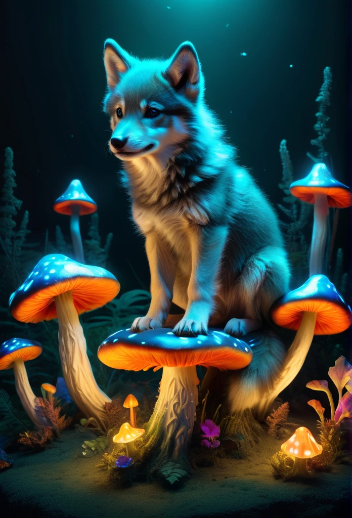 whimsical scene of a cute wolf pup sitting on dim glow bioluminescent mushroom with a glowing cap, surrounded by colorful and playful decorations. cute pose, charming and pretty wish, vibrant and lively decorations, wonder magic world, full rich colors of dark cyan, explosive background effects touch of coolness and edge, add light painting colors, absurd resolution, dynamic swing effect element piece, exquisitely crisp details, intricate details meticulously, expertly rendered with optical light paint, (((radiosity rendered in stunning 32k resolution:1.3))), highest quality, highly quality,