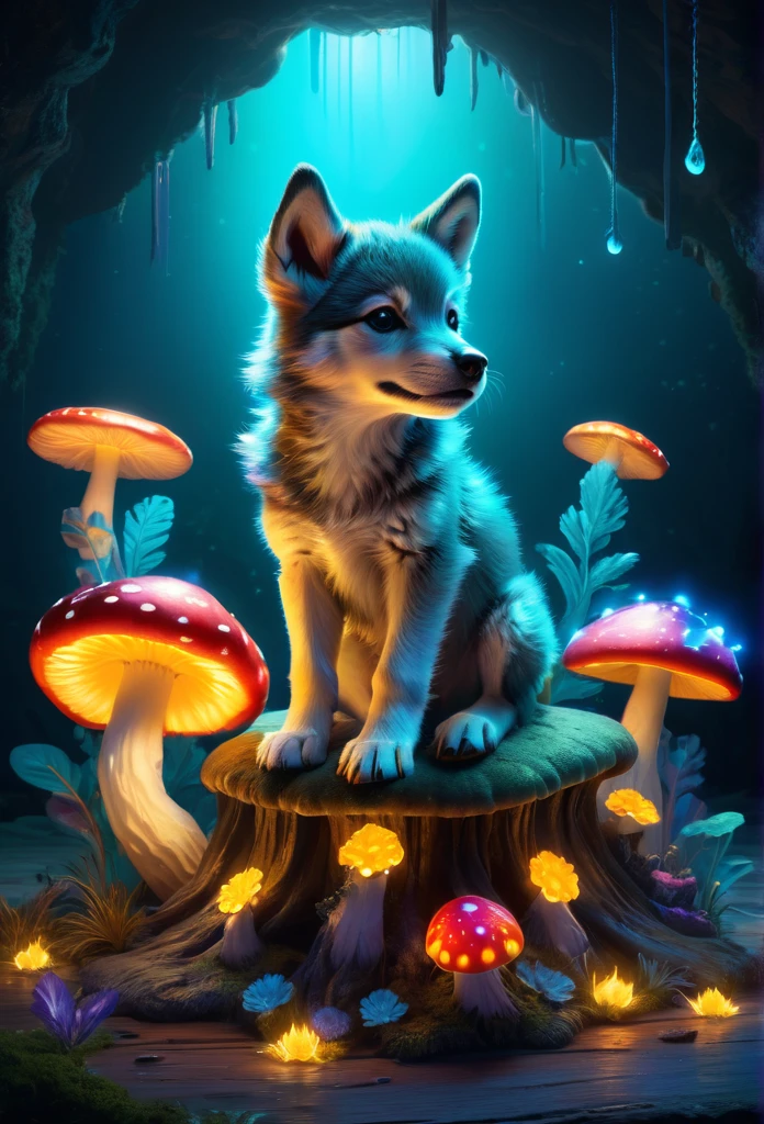 whimsical scene of a cute wolf pup sitting on dim glow bioluminescent mushroom with a glowing cap, surrounded by colorful and playful decorations. cute pose, charming and pretty wish, vibrant and lively decorations, wonder magic world, full rich colors of dark cyan, explosive background effects touch of coolness and edge, add light painting colors, absurd resolution, dynamic swing effect element piece, exquisitely crisp details, intricate details meticulously, expertly rendered with optical light paint, (((radiosity rendered in stunning 32k resolution:1.3))), highest quality, highly quality,