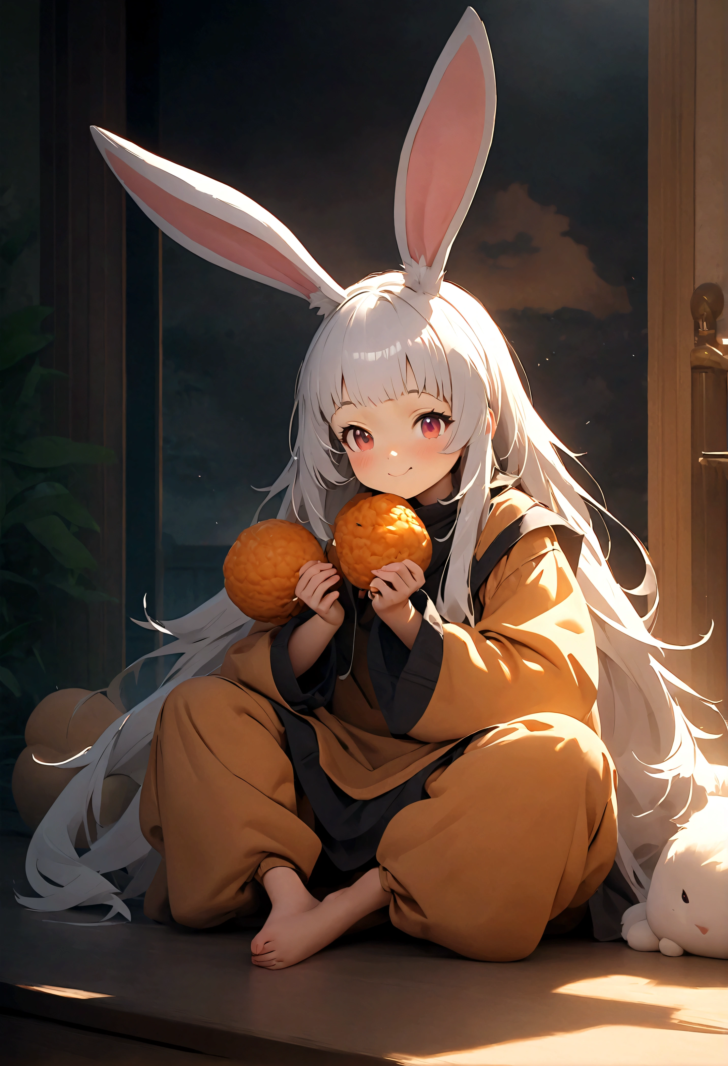 Nanaki\(Made in Abyss,male,Lovely,hairy,have,Rabbit ears,Silver Hair,long hair,Baggy pants,Tail,Smile\)Sitting and eating weird food,Beautiful nature, You can see strange and chaotic large animals from far away,, rest ,quality\(8K,wallpaper of extremely deTailed CG unit, masterpiece,High resolution,top-quality,top-quality real texture skin,Surrealism,Improve resolution,RAW photos,Best quality,highly deTailed,wallpaper,movie lighting,Ray Tracing,Golden Ratio\),close up Nanaki