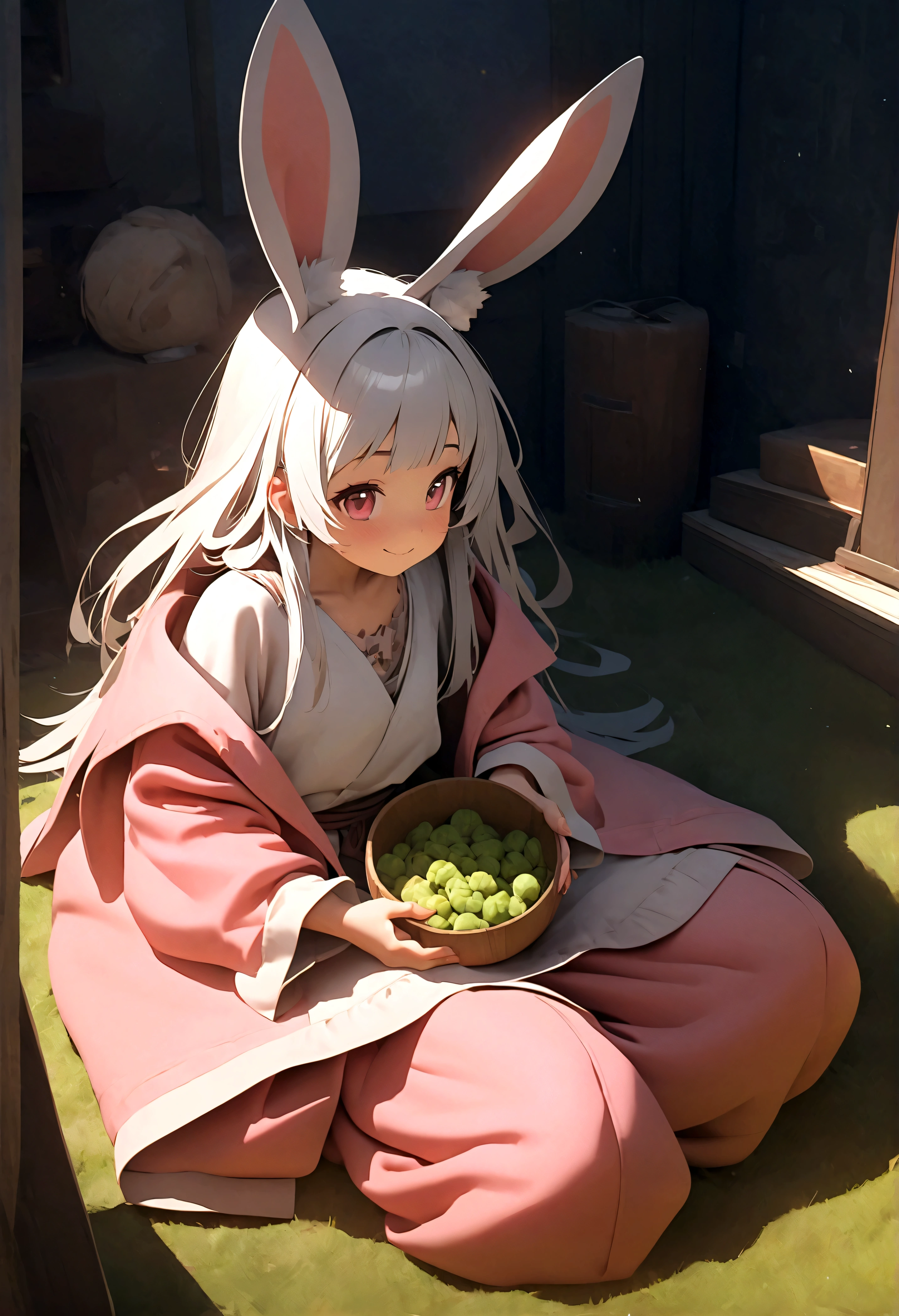 Nanaki\(Made in Abyss,male,Lovely,hairy,have,Rabbit ears,Silver Hair,long hair,Baggy pants,Tail,Smile\)Sitting and eating weird food,Beautiful nature, You can see strange and chaotic large animals from far away,, rest ,quality\(8K,wallpaper of extremely deTailed CG unit, masterpiece,High resolution,top-quality,top-quality real texture skin,Surrealism,Improve resolution,RAW photos,Best quality,highly deTailed,wallpaper,movie lighting,Ray Tracing,Golden Ratio\),close up Nanaki