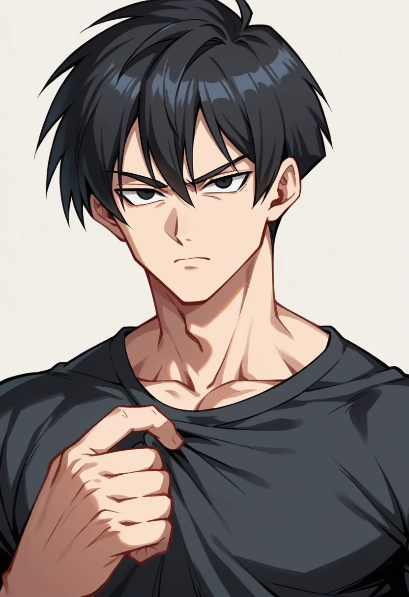 A highschool boy, handsome, perfect body, black hair, short hair, mullet, black eyes, expressionless, black shirt, anime, first-person view, dragonball art style, masterpiece, anatomically correct, high details, highres, best quality, super detail, 1080P