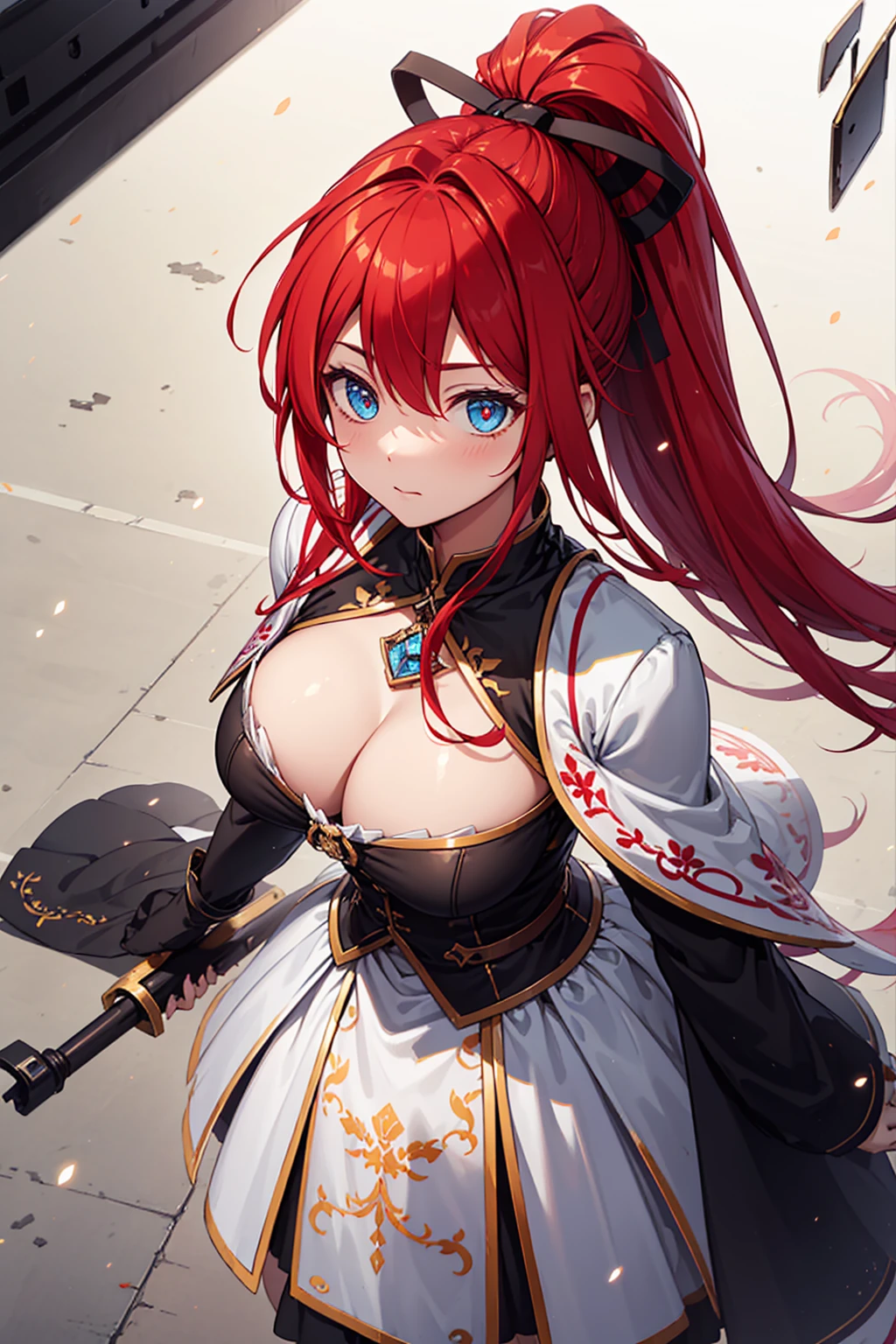 ((Top Quality)), ((Masterpiece)), (Detail), high resolution, Perfect Face, Fine Eyes, detailed eyes, Depth of Field, Special Shading, (from above), looking at viewer, (1 beautiful girl), sharp eyes, Dynamic posture, large breasts, (red hair, long hair, high ponytail, blunt bangs), ((white military uniform)), sheath skirt BREAK spark up, Intense battle scenes, Light particles, (simple black background)