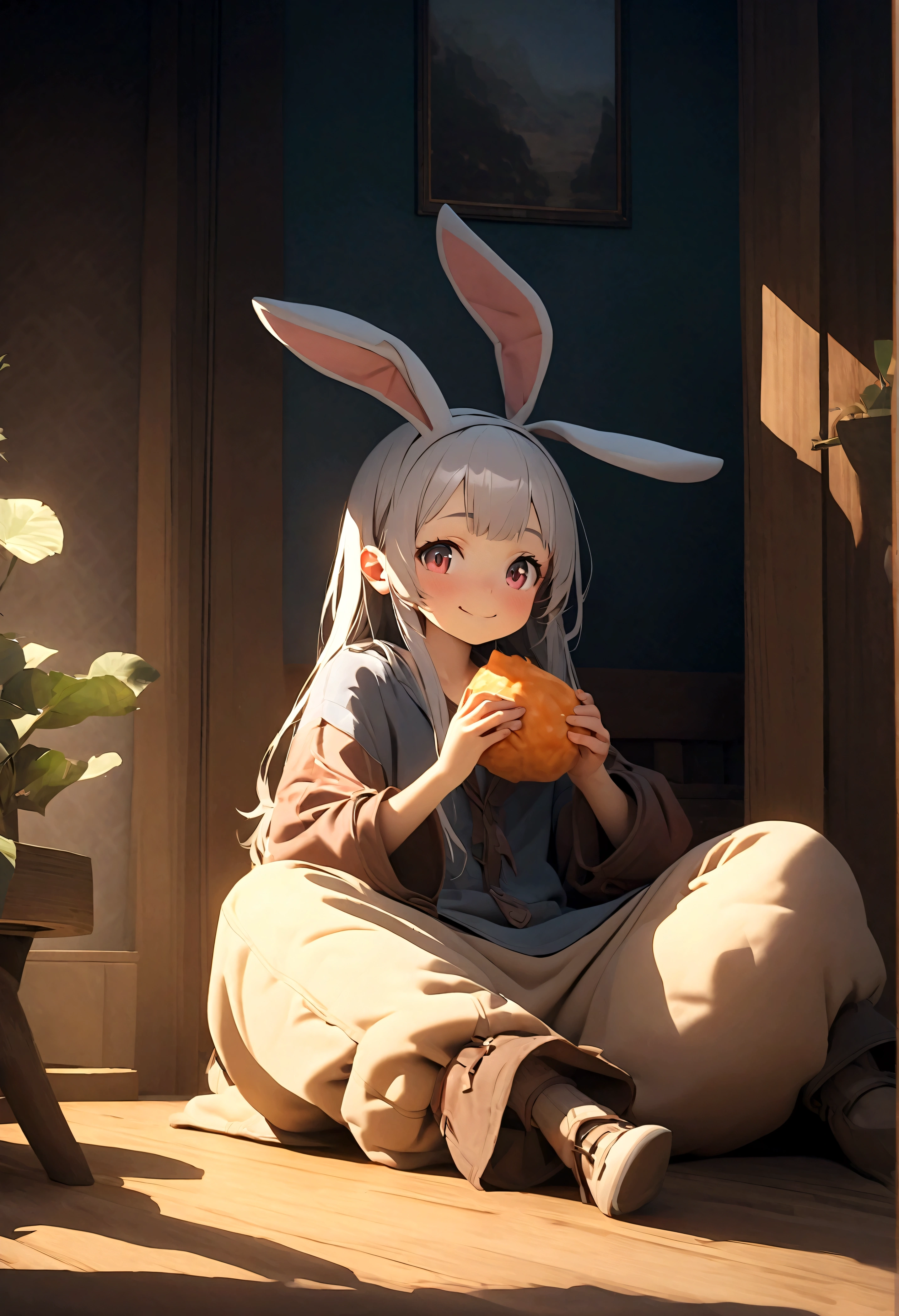 Nanaki\(Made in Abyss,male,Lovely,hairy,have,Rabbit ears,Silver Hair,long hair,Baggy pants,Tail,Smile\)Sitting and eating weird food,Beautiful nature, You can see strange and chaotic large animals from far away,, rest ,quality\(8K,wallpaper of extremely deTailed CG unit, masterpiece,High resolution,top-quality,top-quality real texture skin,Surrealism,Improve resolution,RAW photos,Best quality,highly deTailed,wallpaper,movie lighting,Ray Tracing,Golden Ratio\),close up Nanaki