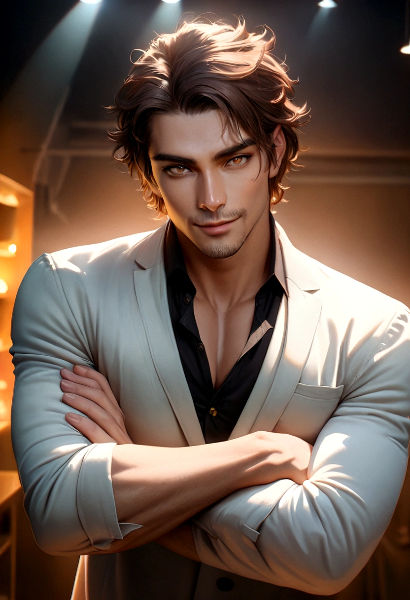 Cinematic soft lighting illuminates a handsome Brazilian male model with stunning, ultra-realistic details, corporate photo,  medium shot, crossed arms ,beautiful appearance, Short Messy Brown Hair, Clear honey eyes, Perfect charming smile，Sexy Created，hot man，incredibly beautiful，That&#39;s the trend of ArtStation。Octane is the perfect tool to capture the softest details of this 16k photographic masterpiece..。