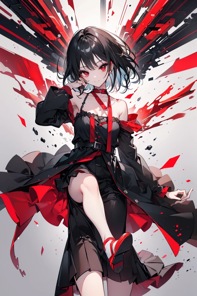 (masterpiece, Highest quality, Highest quality, (No text), beautifully、aesthetic:1.2),No text,anime、 High resolution break,One Girl,Short black hair Beautiful Eyes Red eyes beautiful girl nice smile Black coat mini skirt whole body Night view Detailed eyes and face
