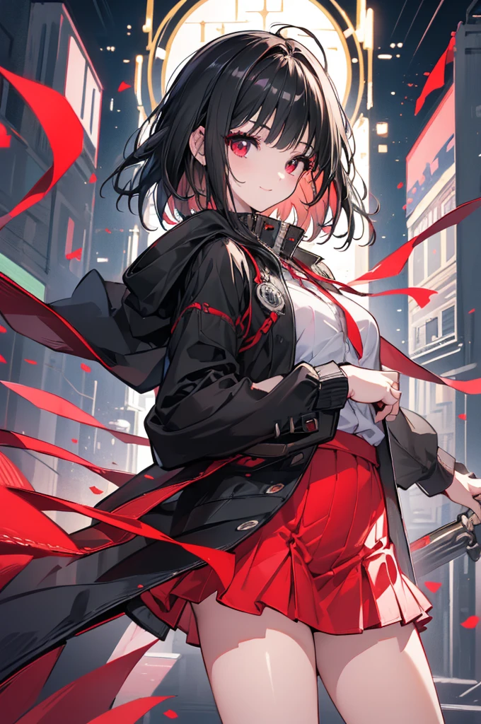 (masterpiece, Highest quality, Highest quality, (No text), beautifully、aesthetic:1.2),No text,anime、 High resolution break,One Girl,Short black hair Beautiful Eyes Red eyes beautiful girl nice smile Black coat mini skirt whole body Night view Detailed eyes and face