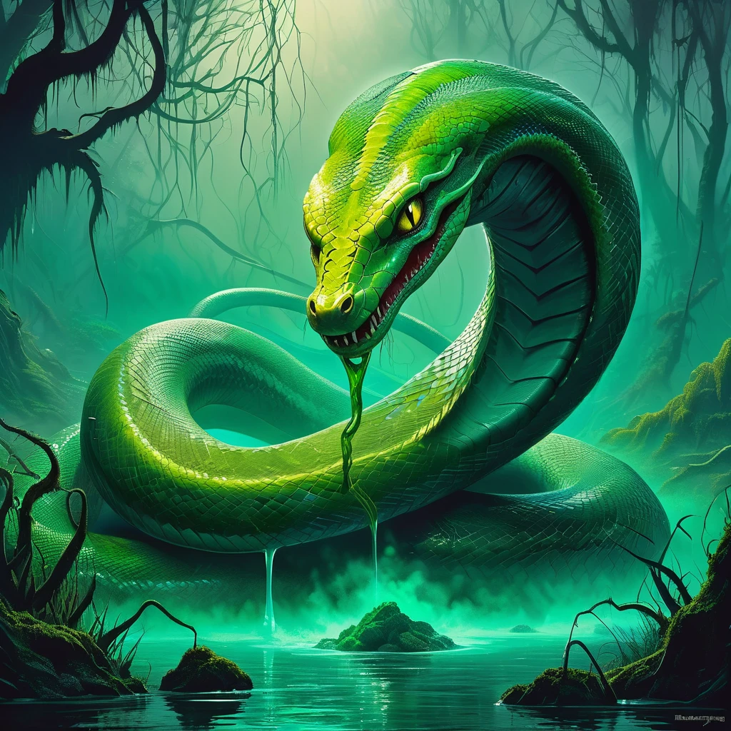 Imagine a snake-like creature with human body slithering through the murky waters of a medieval dark fantasy swamp. Its scales shimmer with a sickly green hue, blending seamlessly with the algae-covered surface of the swamp. The creature's eyes, glowing with an eerie yellow light, survey its domain with predatory cunning.

Coiled around decaying roots and half-submerged logs, the creature's sinuous body moves with fluid grace, leaving ripples in the water that distort the reflection of twisted trees draped in hanging moss. Its forked tongue flickers in and out, tasting the stagnant air heavy with the scent of decay and damp earth.

At the creature's head, a crown of sharp, ivory-like protrusions curves menacingly above its sinisterly smiling maw. Venom drips from its fangs, mingling with the fetid water below. In the distance, eerie mist hangs low over the swamp, adding to the oppressive atmosphere of this forsaken realm.

Capture the ominous presence and primal danger of this snake creature in the medieval dark fantasy swamp, where legends whisper of its elusive nature and unwary travelers vanish without a trace.