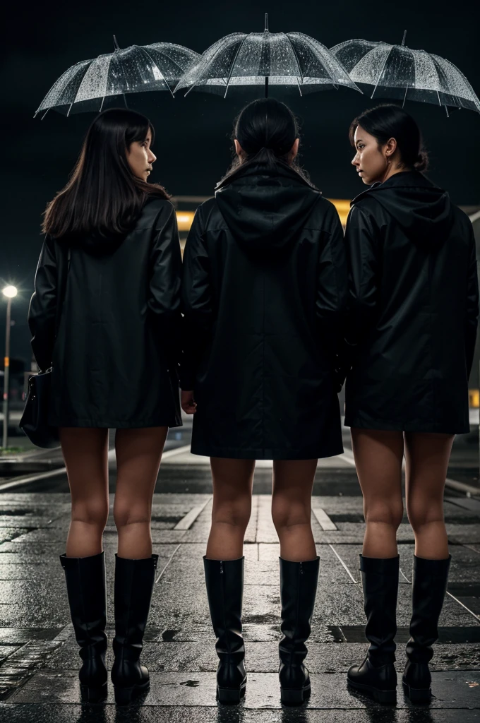three person watching each other suspenseful standing at dark rainy night and thinking that my life has been destroyed and one of them is too sad