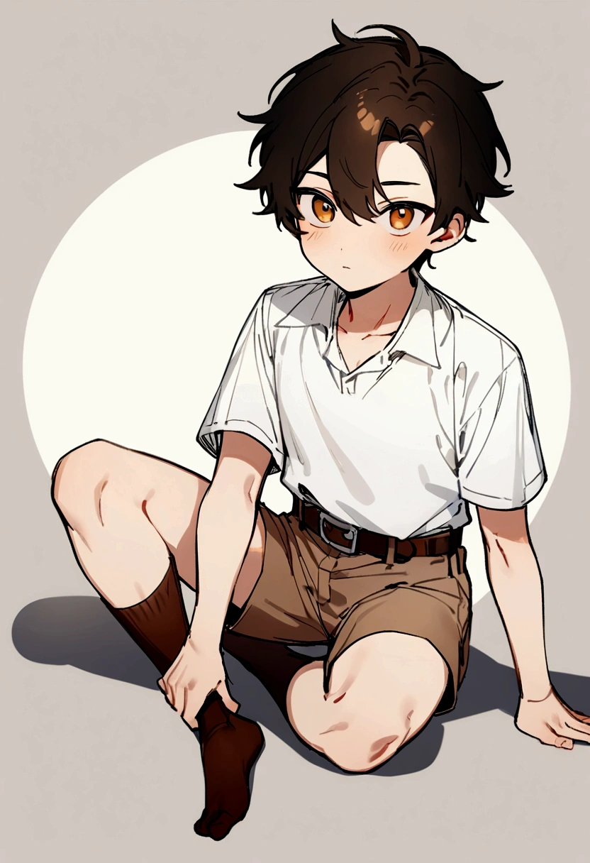 best quality,korean men,Age 15,Plain white shirt,Brown shorts,brown belt,brown socks