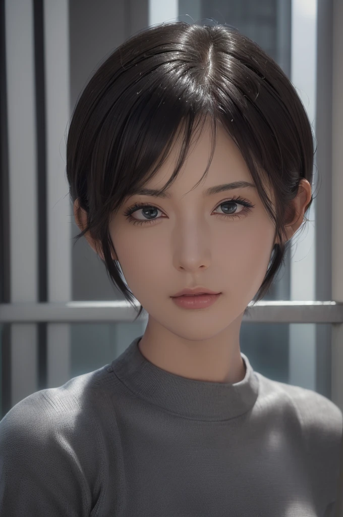 (masterpiece:1.3), (8k, photorealistic, RAW photo, best quality: 1.4), (1girl), beautiful face, (realistic face), (black hair, short hair:1.3), beautiful hairstyle, realistic eyes, beautiful detailed eyes, (realistic skin), beautiful skin, (sweater), absurdres, attractive, ultra high res, ultra realistic, highly detailed, golden ratio