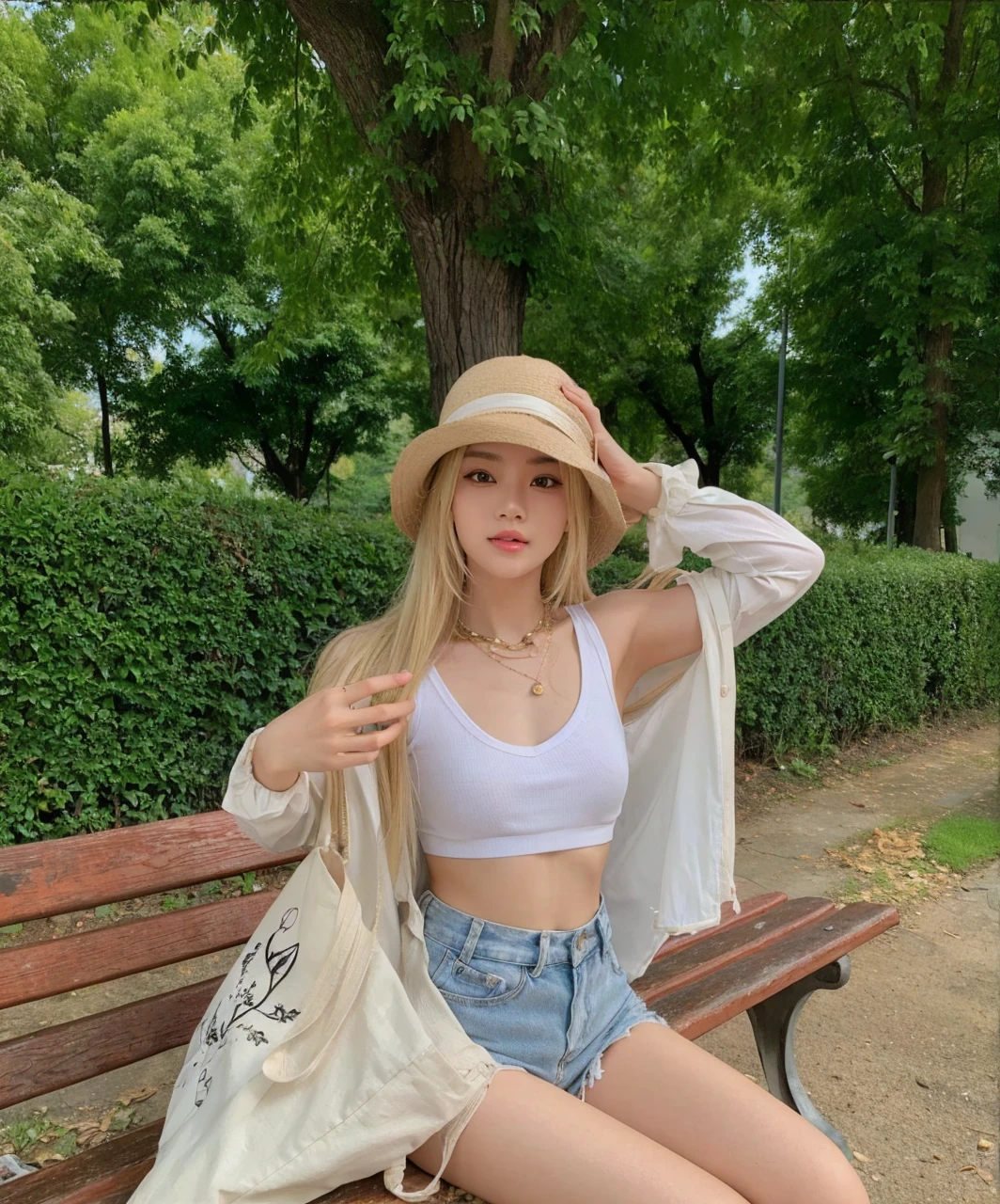 Asian model girl with blonde hair, fair skin and large black expressive and engaging eyes more realistic 