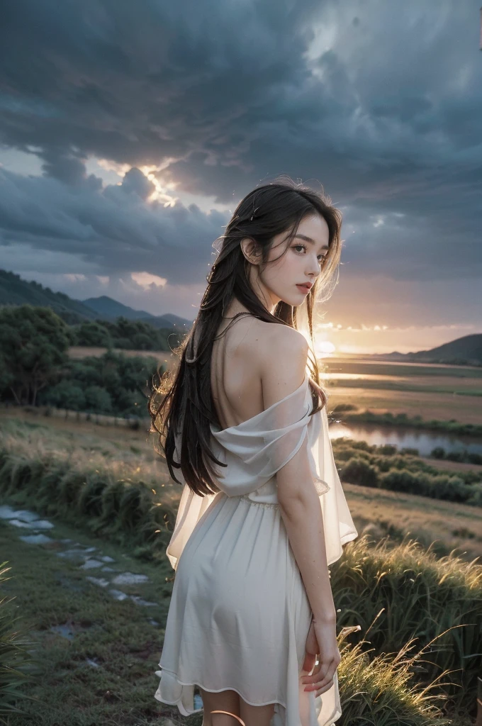 (((best quality))),(((ultra detailed))),(((masterpiece))),illustration,((1 beautiful girl,solo)),((slim,thin)),(shoulder length straight bob hair:1.2),flowing hair,fair skin,(shiny skin:1.3),detailed eyes,laughing,(shirt-dress:1.3),delicate necklace,grass,dewdropletts,trees,bird chirping,serenity,gratitude,awe,wonders of nature,peace,contentment,magnificent world,summer,(pitch-dark dawn:1.5),(night scene:1.3),((upper body,from back)),after rain,(wet:1.3),standing,on the path,At the mountaintop,confident gaze,elegant posture,mysterious atmosphere,solemn mood,dawn approaching,detailed decorations,(sunrise:1.3),(cloudy sky:1.2),rainbow,(Rural Landscape:1.2),horizon,bare back,towering hips,butt crack