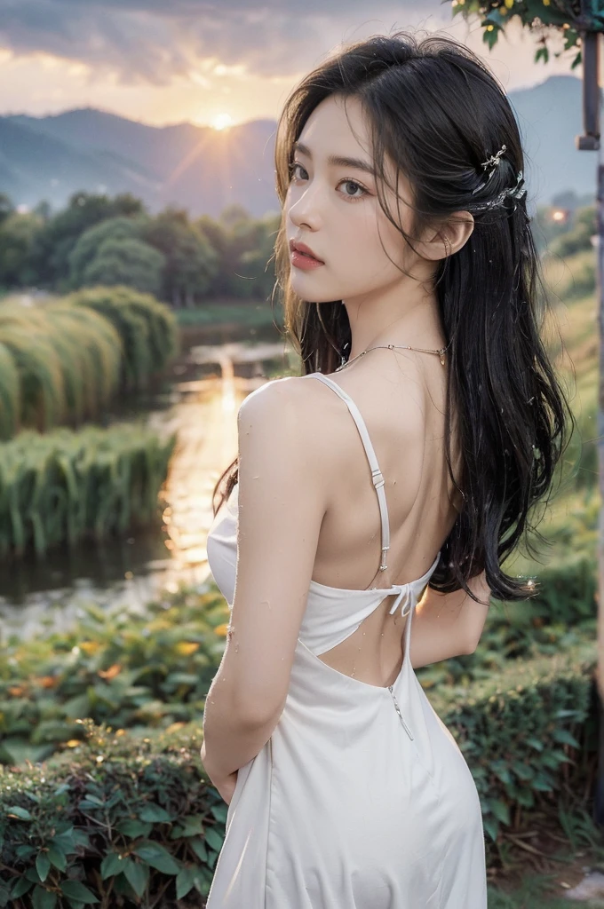 (((best quality))),(((ultra detailed))),(((masterpiece))),illustration,((1 beautiful girl,solo)),((slim,thin)),(shoulder length straight bob hair:1.2),flowing hair,fair skin,(shiny skin:1.3),detailed eyes,laughing,(shirt-dress:1.3),delicate necklace,grass,dewdropletts,trees,bird chirping,serenity,gratitude,awe,wonders of nature,peace,contentment,magnificent world,summer,(pitch-dark dawn:1.5),(night scene:1.3),((upper body,from back)),after rain,(wet:1.3),standing,on the path,At the mountaintop,confident gaze,elegant posture,mysterious atmosphere,solemn mood,dawn approaching,detailed decorations,(sunrise:1.3),(cloudy sky:1.2),rainbow,(Rural Landscape:1.2),horizon,bare back,towering hips,butt crack