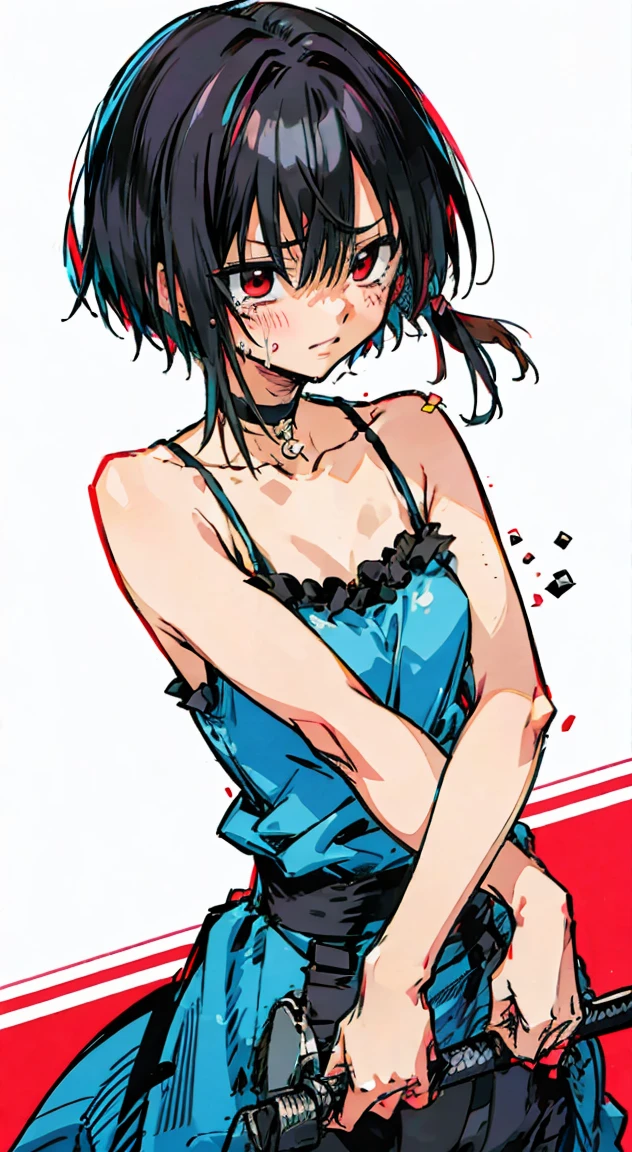 hasuichi nishizono holds a crying in a dress and blue camisole with black hair and red eyes, choker