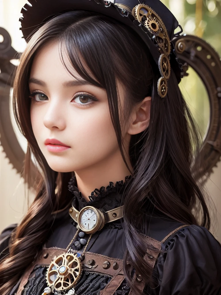 (((masterpiece, Highest quality, Super detailed))), (((1 Infinity Mage Girl))), 14 years old, (((Highly detailed face))), Small, thin nose, A small, thin-lipped mouth, (((Very sharp focused eyes))), Very large slit-shaped, precise pale grey eyes, Shining like a jewel. Very long eyelashes, long black hair with black vertical curls,, with fringes, ((Steampunk fashion, Gothic Lolita Fashion))