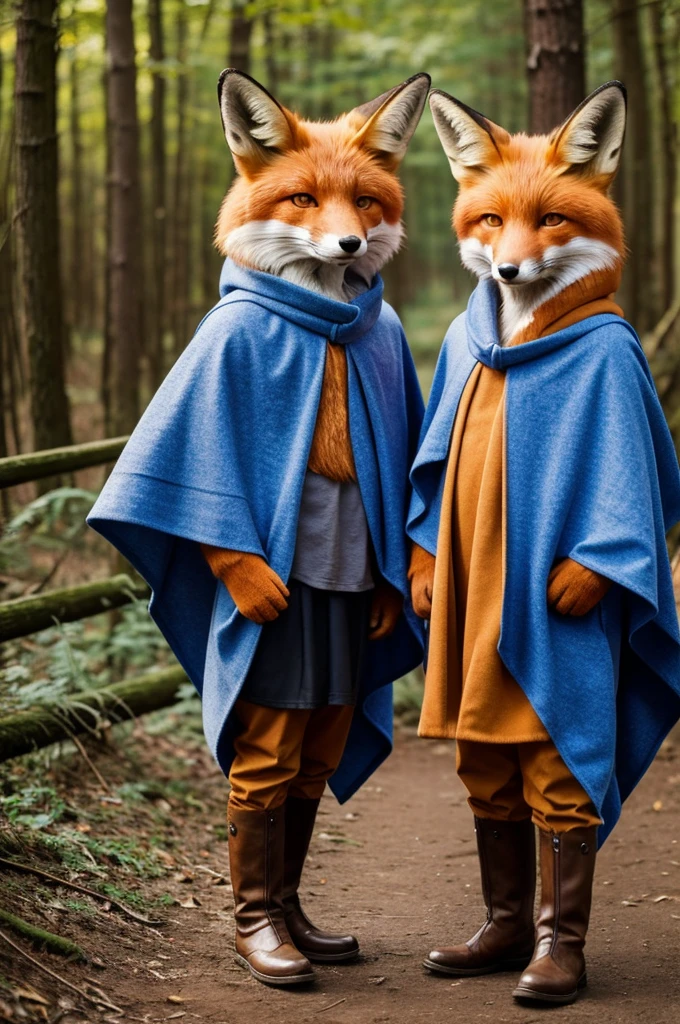 A person who is dressed as a fox and who is seen to be wearing a poncho