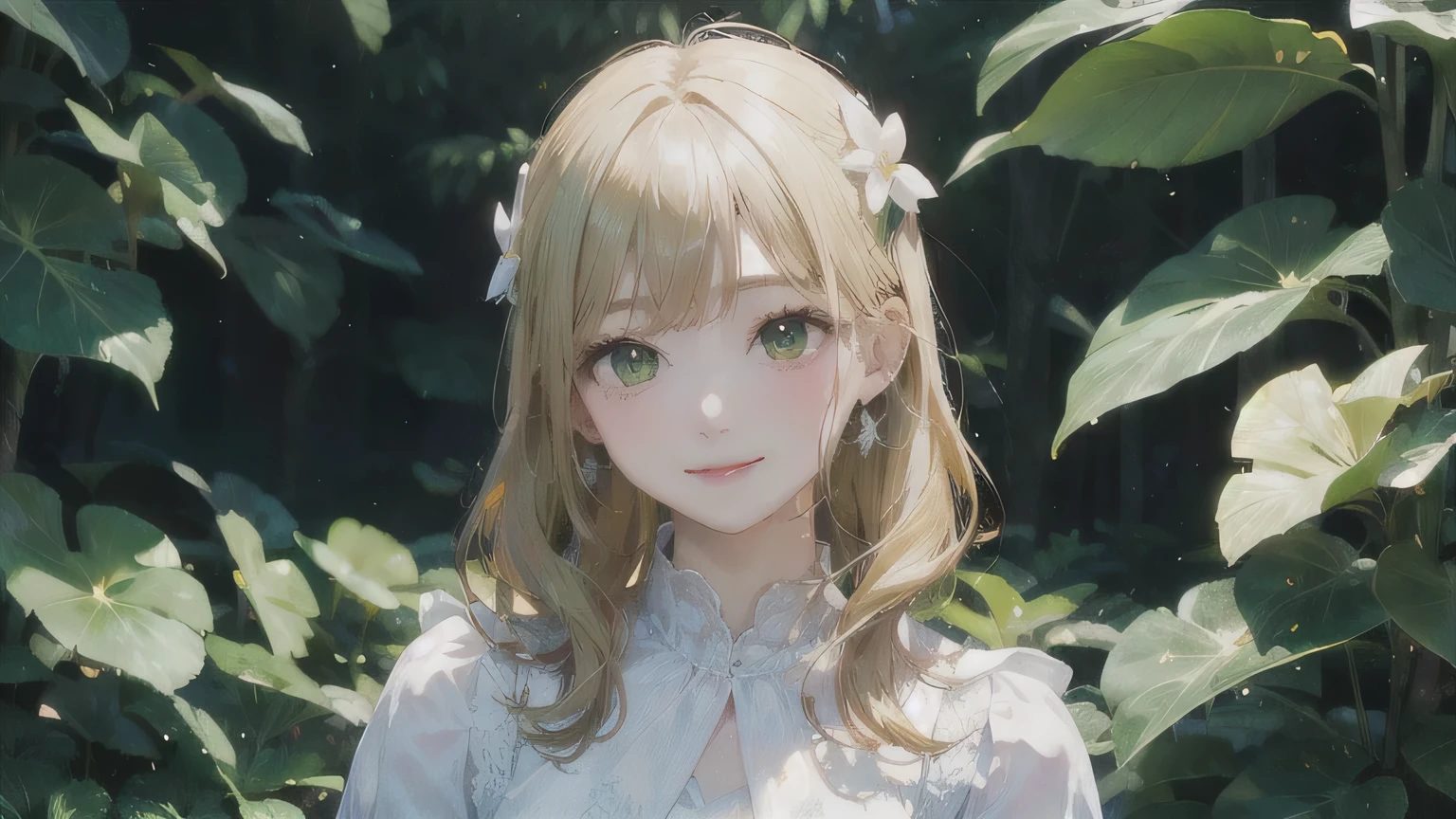 Yellow Hair、Wavy Hair、No bangs、Slicked back hair、One Girl,20-year-old,Beautiful Face,Upper Body、Sharp focus,White Dress、A kind smile、Green Eyes、White clothes、Flower Hair Ornaments