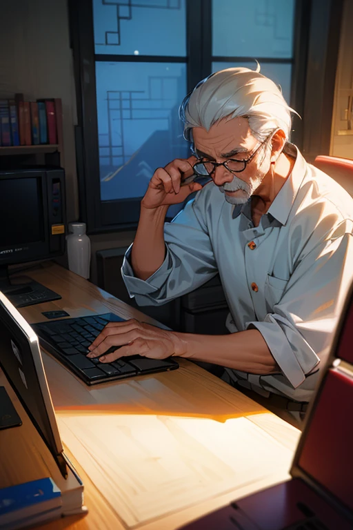 Gray-haired Elderly Man at the Computer