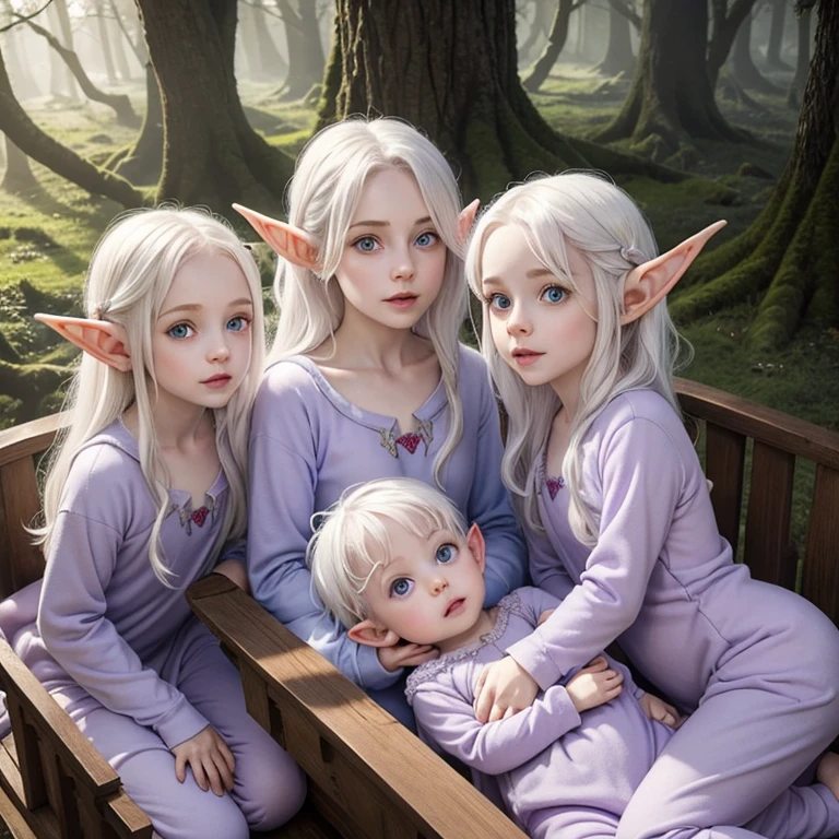 Three baby elves: identical triplet girls with white hair, pointy ears, blue eyes, and pale skin, wearing light purple onesies while lying in a wooden crib with plush pillows in an elvish Woodland palace