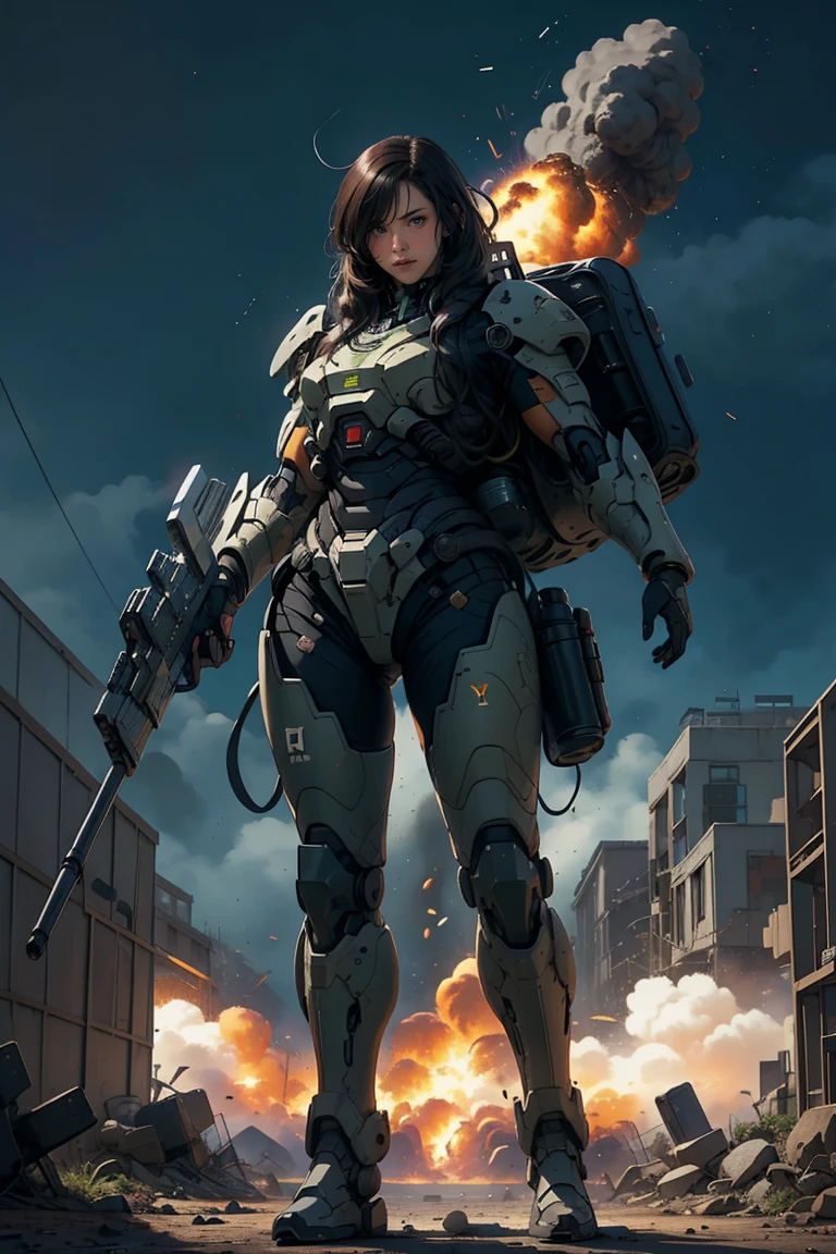 1 girl, black long hair, wearing mecha battle armor, heavy backpack, shoot and run, fullbody shot, holding and shoot big weapon, at the battle place, explosion, fight againts aliens invasion,