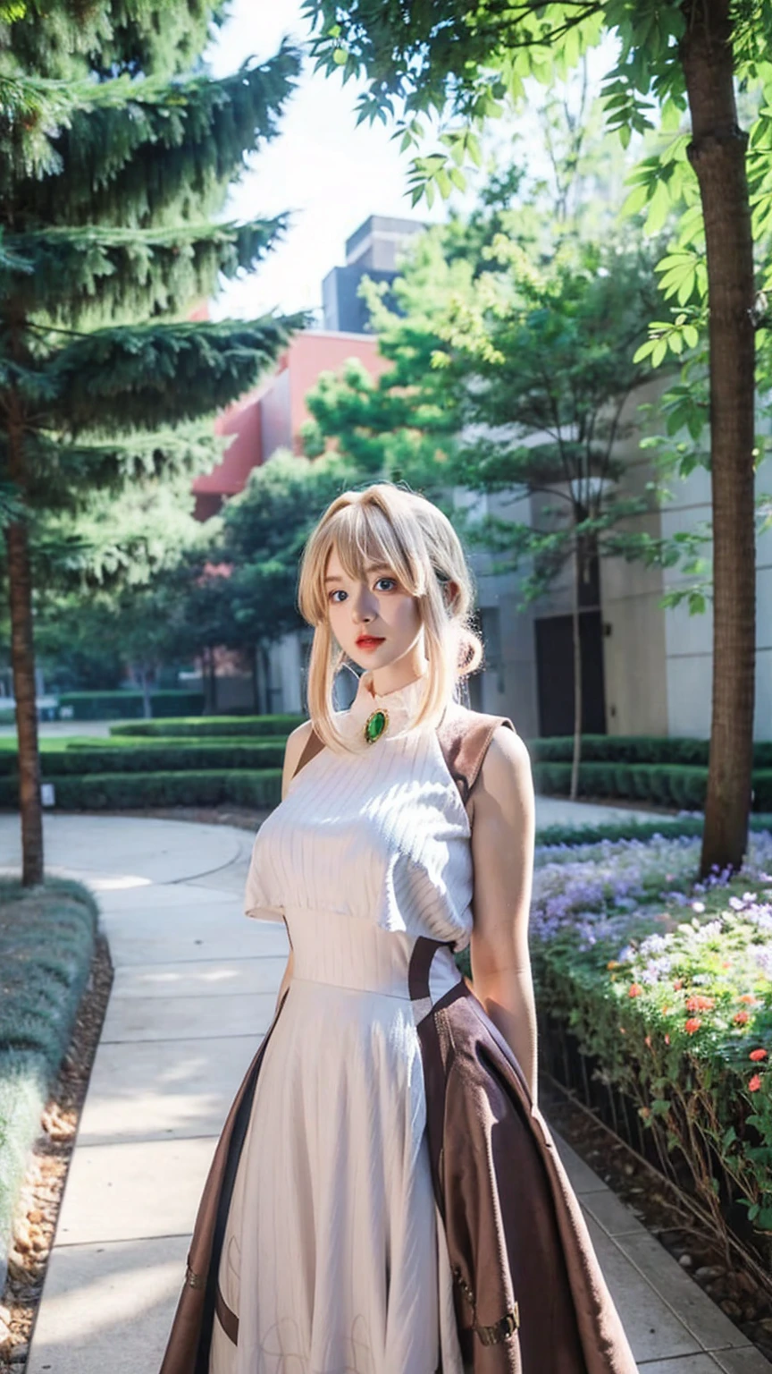 ((best quality)), ((masterpiece)), (detailed), perfect face, pretty face, beautiful female, beautiful body, e cup breast, perfect body, head accessories, sleeveless sweater, blue eyes, violet_evergarden, long dress, at the park