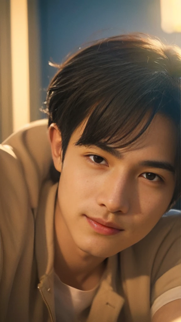 (RAW photo :1.2), (verisimilitude :1.4), casual male, posing at the screen with a smile, very detailed eyes and face, super detailed, high resolution, very detailed, best quality, masterpiece, 8k, amazing, fine detail, soft lighting