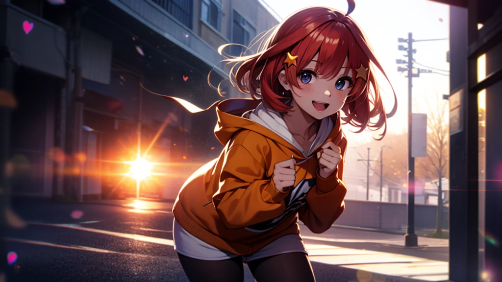 itsukinakano, Itsuki Nakano, bangs, Ahoge, Redhead, star \(symbol\), Smiling Kindly,hair ornaments, happy smile, smile, Open your mouth,Short braided hair,red oversized hoodie,Shorts,White Pantyhose,High-top sneakers,(LOL:1.1), (Open your mouth:1.1), Sun glare, Bokeh, Written boundary depth, Blurred Background, Particles of light, Strong winds, (Heart Particles:1.1), Highly detailed face, Perfect lighting, Highly detailed CG, (Perfect hands, Perfect Anatomy)