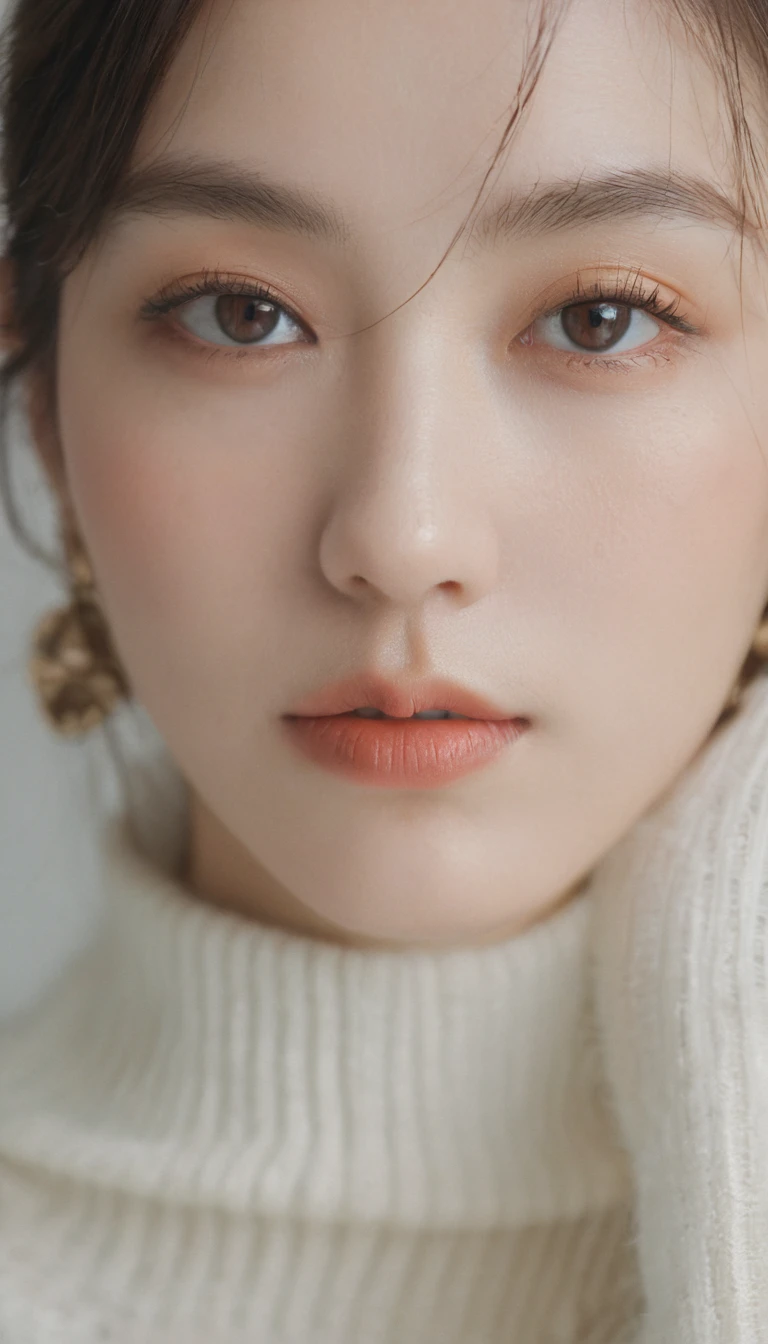 xxmixgirl, Analog Style, Eye focus, Highest quality, (Very detailed skin), Exquisitely beautiful white skin photos, 24-years-old, Perfect Face, Captivating eyes, (Seductive makeup: 1.3), Skin pores, (Bokeh:1.5), Sharp focus, Dappled Lighting, (Backlight), Film Grain, (Very detailed, Exquisitely crafted), 8K, High resolution, Front view, Studio Light, Very detailed顔, Fine grain, (double eyelid: 1.4), Aristogle, Brown eyes, (commercial: 1.6), (Natural Makeup), ((White studio background: 2))、Summery white fashion
