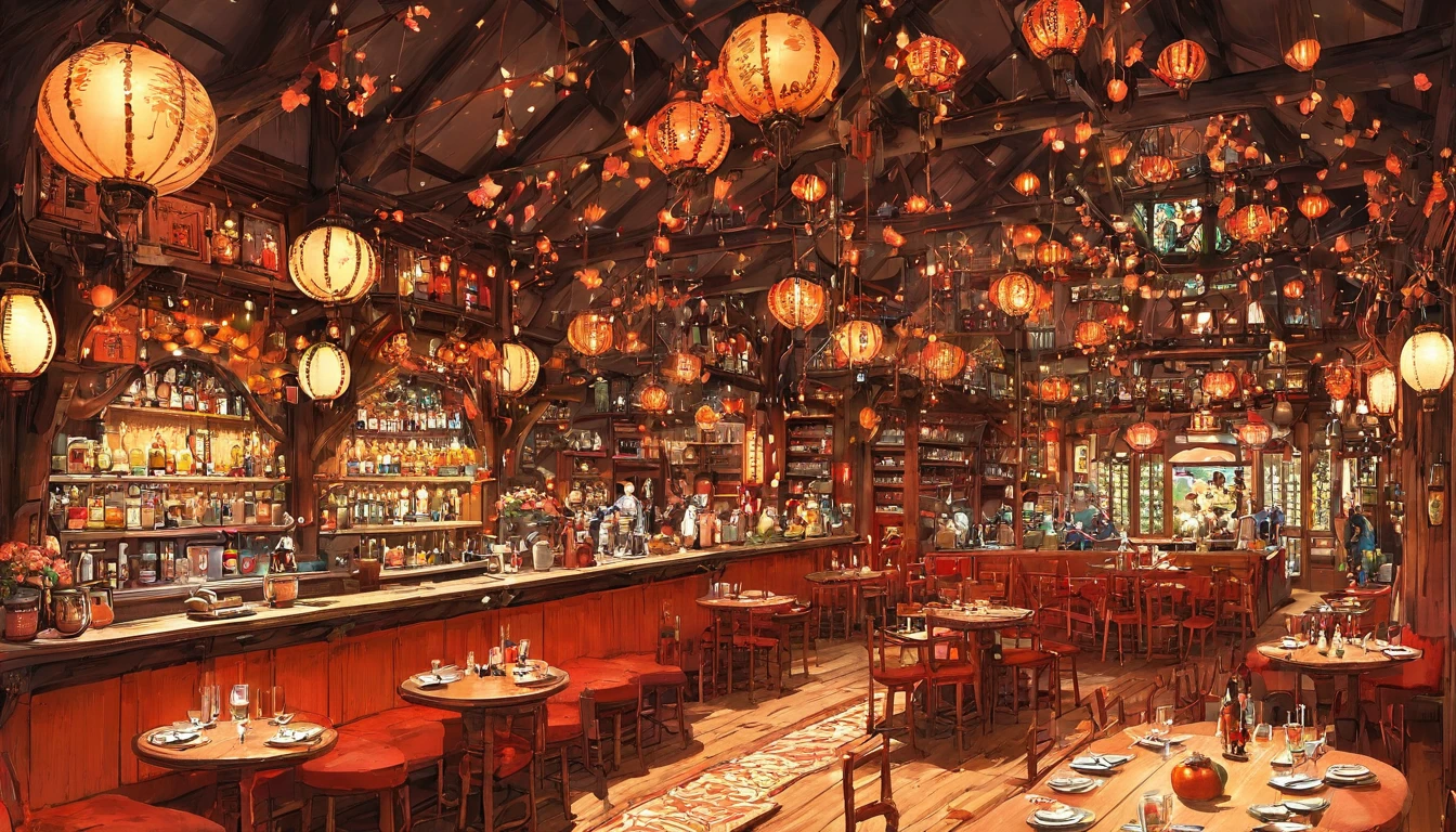 Heat、Classic light, Lots of red and orange, Intricate details, night、Detailed Characters, Ghibli-like animation, アニメ , Scenes of dwarves, adventurers and elves chatting together in a lively bar (アニメ style), images of a different world or a Western bar, a bright interior,pop style,