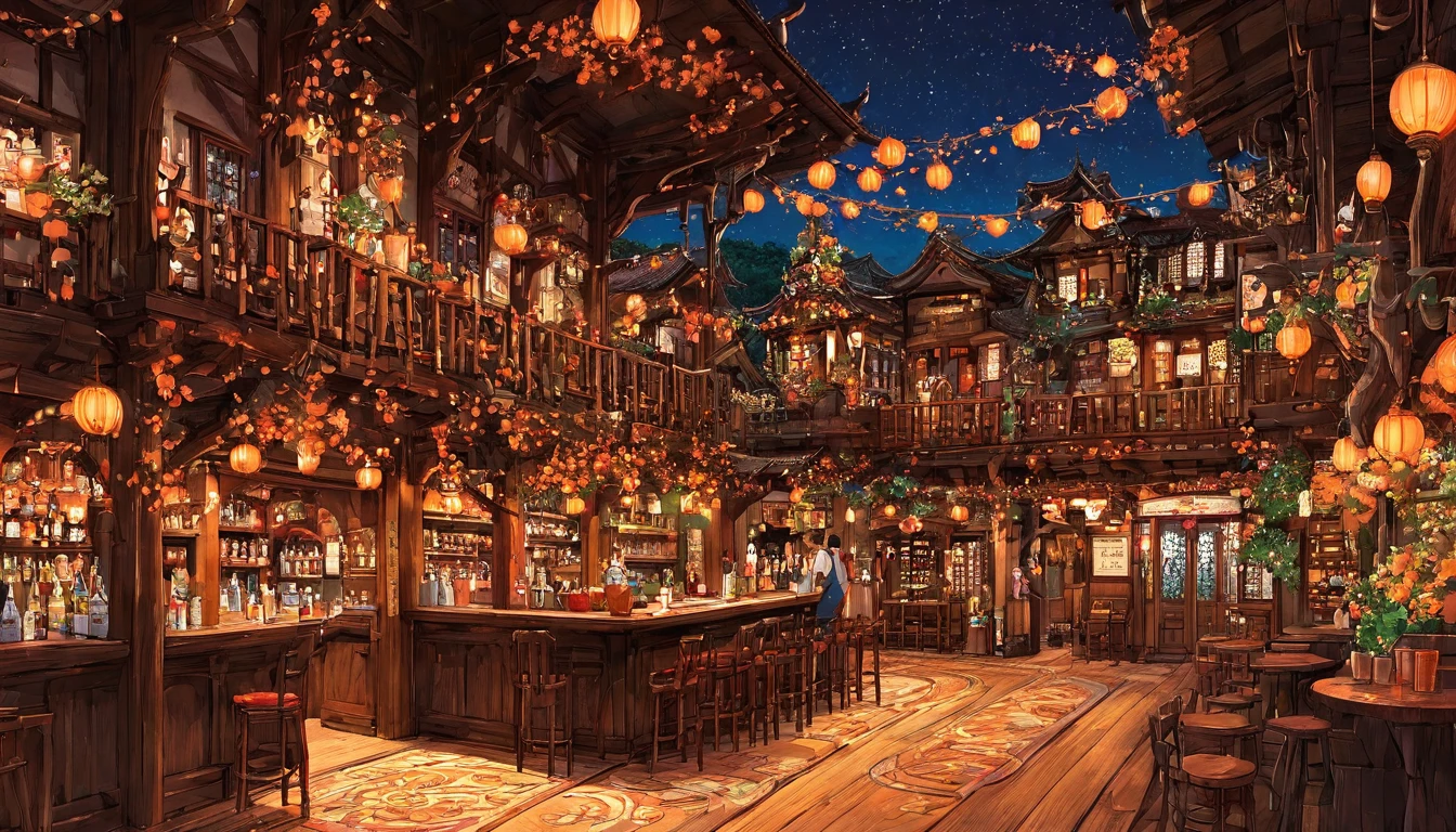 Heat、Classic light, Lots of red and orange, Intricate details, night、Detailed Characters, Ghibli-like animation, アニメ , Scenes of dwarves, adventurers and elves chatting together in a lively bar (アニメ style), images of a different world or a Western bar, a bright interior,pop style,