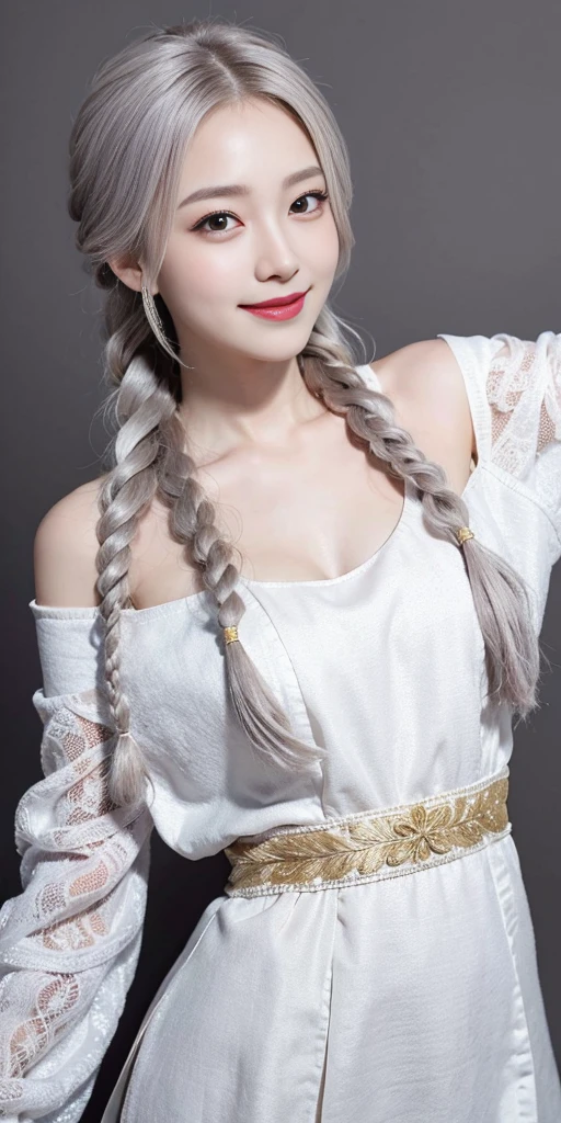 Top quality, high image quality, masterpiece, gray hair, golden eyes, white clothes, looking up, upper body, hair strands, fair skin, side braids, smiling, double teeth